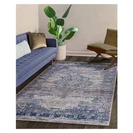 GLN Rugs Vintage Collection - Machine Washable Area Rug, Vintage Washable Rug, Non Slip Area Rug, Low Pile Living Room Rug, Bedroom Rug, Bathroom Rug - Easy Clean (2'x3' Navy Blue and Gray Rug)