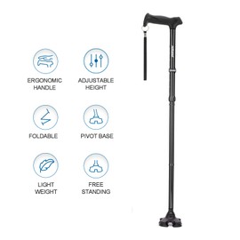 REHAND Walking Cane for Men & Women - Foldable, Adjustable, Lightweight, Self Standing Pivot Walking Cane, Soft Handle Grip, with Travel Bag, Walking Sticks for Seniors & Adults (Black)