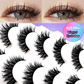 Falsche Wimpern Manga Wimpern Wet Look D-curl Cat-Eye Japanese Style Cosplay Spiky Anime Lashes 20mm Long Dramatic Thick Faux Mink Doll Eyelash Wispy Individual Clusters 5 Paare Pack(W-3)