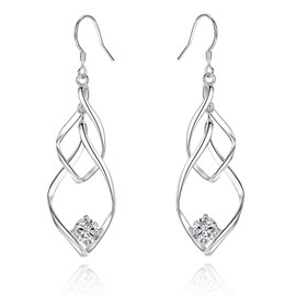 Double Twisted Linear Swirl Drop Statement Earrings with CZ, 925 Sterling Silver Dangle Earrings, Hypoallergenic Infinity Earrings for Women (Leaf with CZ)