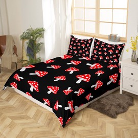 Cute Mushroom Decor Bedding Set Cartoon Mushrooms Pattern Comforter Cover Set for Kids Teens Kawaii Fungus Duvet Cover Wild Mushroom Stuff Red Bedspread Cover Room Decor 2Pcs With 1 Pillow Case Twin