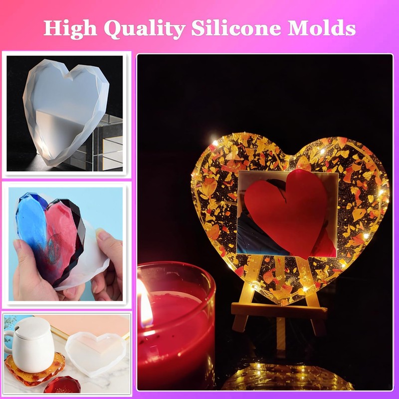 4Pcs Diamond Edge Heart Coaster Molds, Unique Silicone Molds for