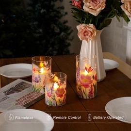JOIONE Flameless Candles with Remote, Glass Flameless Candles with Hummingbird Pattern, Real Wax 3D Wick Flame Battery Operated LED Candles for Vintage Home Decor, Hummingbird Gifts, Set of 3