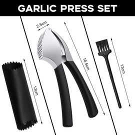Knoblauchpresse Edelstahl 3er Set, Knoblauchpresse Spülmaschinenfest, Garlic Press, Knoblauch Presse mit Knoblauchschäler und Reinigungsbürste