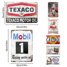 7er Set Retro Garage Deko Blechschilder, 20 x 30 cm Garage Blechschilder, Vintage Blechschild Retro, Auto Bar Schild Benzin, Motorrad Metallschild, Deko Metall Post