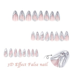 Gothic Silver Swirl Press-on Nails, 24 Pieces, Medium Almond Shape, 3D French Tips with Glue, False Nails - Removable DIY Nail Art Gifts for Women Girls