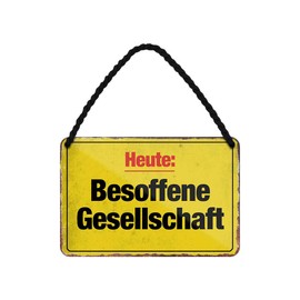 Tin Sign Drunk Society - Funny Decorative Notice Metal Sign with Cord and Suction Cup - Funny Decoration Bar Pub Party Stammtisch Sauf Trink Spiele - Party Alcohol Accessories - 18 x 12 cm