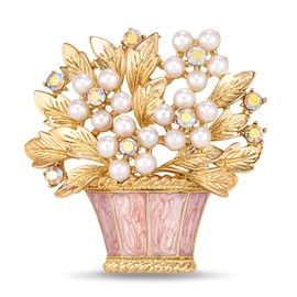 Mylthauris Vintage Pearl Flower Basket Brooch Rhinestone Glazed Pin for Women Elegant Gift Jewelry Accessory (Pink)