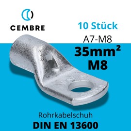 Cembre A7-M8 Tube Cable Lug 35 mm² M8 Uninsulated Tin-Plated Copper Pack of 10