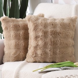 Madizz Pack of 2 Thick Plush Wool Throw Pillow Covers 16x16 Inch Camel Soft Decorative Cushion Cover for Sofa Bedroom Pillow Shell