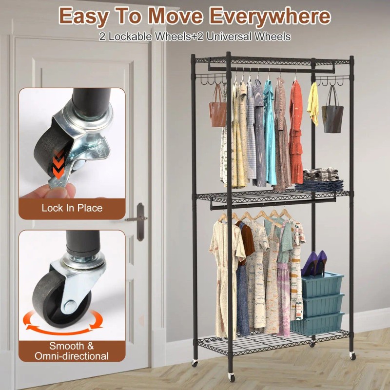 Portable Grey 2-Tier Clothing Rack with 4 Wheels 2 Hanging