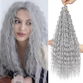 FANLUTYIN 22 Inch Curly Crochet Braiding Hair 3 Packs Ocean Wave Crochet Hair Extensions Deep Wave Synthetic Braiding Hair Curls Hair Twist Water Wave Braided Hair (Grey, 22 Inch 3 Packs)
