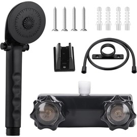 RV Shower Faucet with Showerhead Replacement Kit Soft Hose,Rv Valve Diverter with Two Knob Handles for RV Campers,Outdoor Shower Faucet with On Off Handheld Showerhead and Valve Diverter(Black)