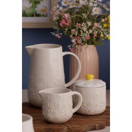 Price & Kensington Daisy Sugar Bowl | Ceramic Sugar Bowl with Embossed Daisy 3D Lid | Hand-Painted Yellow Handle | Cream Glaze | Kitchen Storage Bowl