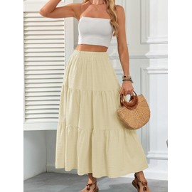 HUSKARY Women's Fall Summer A Line Tiered Layered Long Maxi Skirt Soft Smock Teacher Skirt with Pockets,Beige,X-Large