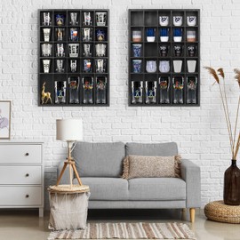 DARCKLE Shot Glass Display Case for Wall, Wood Holds Set of 30 Glasses Shot Glass Holder Display Shelf, 17'' x 12''-3'' x 2'' (Black, 2PCS)