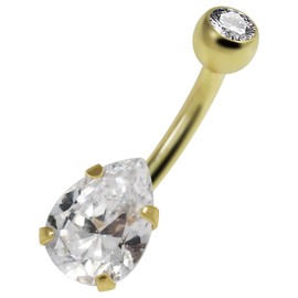 9K Solid Yellow Gold Teardrop Cz Stone 14 Gauge Internally Threaded Banana and Cz Stone Ball Top Belly Ring - Belly Button jewelry - Navel jewelry - Gold Navel Ring