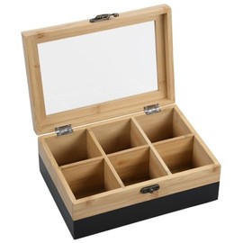 Kesper® Tea Box, Material: FSC® Certified Bamboo, 6 Compartments, with Viewing Window and Retro Closure, Tea Box for Storage, Dimensions: 21.5 x 15 x 8.5 cm, without tea, Colour: Black Natural | 58940