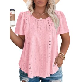4X Womens Tops Plus Size Fashion Hollow Out Shirts Cute Short Sleeve Tunics Loose Fit Lightweight Crewneck Tees Pink