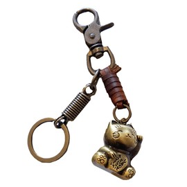 [クロム クレイン] キーホルダー キーリング チャーム 鍵 ネコ 招き猫 レザー おしゃれ メンズ レディース WB143(ゴールドブラウン)