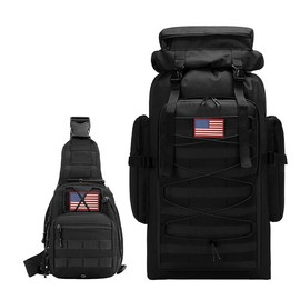Jumahe Tactical Backpack for Men with Tactical Sling Bag Hiking Day Pack Molle Military Rucksack Waterproof 75L with USA Flag with small Crossbody Chest Pack anything  backpack Large Water-Resistant Travel Backpack - Color: Black
