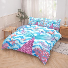 NINENINE Mermaid Tail Bedding Sets for Teens Girls, Princess Comforter Set, Blue Glitter Bedding Sets for Teens Girls,Sea Animal Kids Fish Scales Comforter Sets with 1 Comforter 2Pillowcases