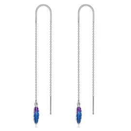 Feather Threader Earrings Sterling Silver Feathers Long Drop Pull Through Earrings for Women