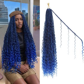Boho Goddess Locs Crochet Hair - 9 Packs Blue Soft Locs 30 inch, Ombre Blue Boho Faux Locs Crochet with Curly Ends, Crochet Goddess Braid for Black Women, River Hair with Curls(30Inch, TBlue#)
