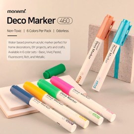 MONAMI Deco Marker 460 Bullet Tip (2.0mm) Water Based Acrylic Paint Markers for Home Decorations Arts Crafts Vivid 6 Pack (Peacock Blue, Purple, Orange, Pink, Gold, Silver)