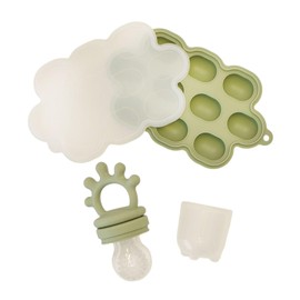 Silicone Fruit & Food Feeder with Lid, 1 Feeder 1 Freezer Tray with Lid + 2 Silicone Bibs with Food Catcher & 2 Sets of Spoons & Forks, 100% Food Grade Feeder, Infant Pacifier Feeder and Teether