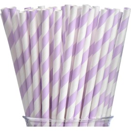 Light Purple Striped Paper Straws - Disposable Drinking Straws Purple and White Paper Straws for Craft Birthday Party Decorations (7.75inch, 100 Pack)