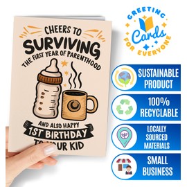 1st Birthday Card - Happy First Birthday for Boy, Girl - Cute One Year Old Bday- Baby 1st Bday - Funny Congrats Mom, Dad Card - 1 Year Parenthood Milestone - Cheers to Surviving