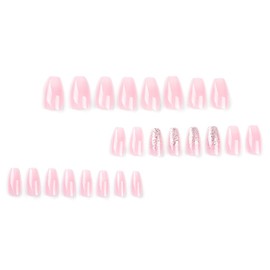 Square Press on Nails Medium Fake Nails Pink White Ombre False Nails with Glitter Press ons Designs Acrylic Nails Press on Artificial Nails Stick on Nails For Women Girls 24Pcs