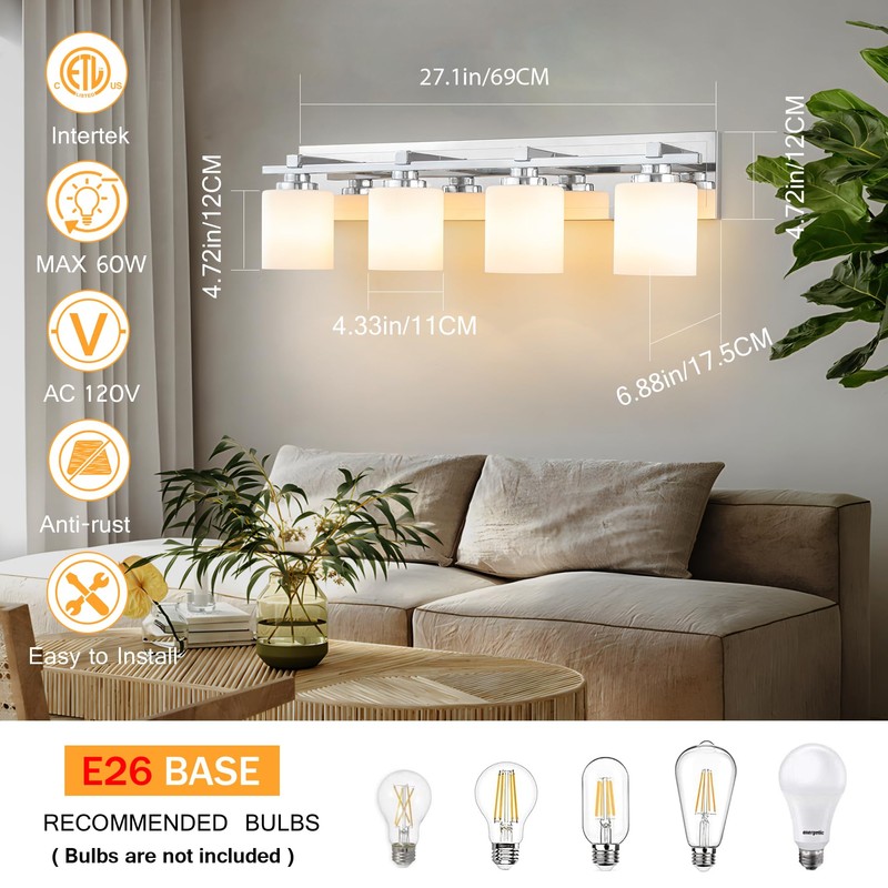 BrkNit 4 Light Modern Bathroom Light Fixtures Over Mirror, Chrome