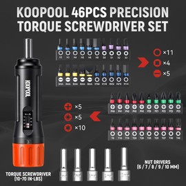 46-Piece Torque Screwdriver Set, 1/4 Inch Drive, 10–70 Inch-Pounds, Includes 40 S2 Bits & 5 CR-V Nut Drivers, Adjustable Torque Wrench Kit for Electronics, Bike, DIY & Repair (Standard Orange)