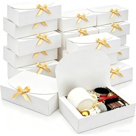 Cajas de Regalo Blancas con Cinta Dorada (20 Piezas)–Cajas de Cartón Premium 27x20x8 cm–Cajas para Dulces,Bodas,Baby Shower y Sorpresas–Empaque Plegable, Reutilizable con Lazo Satinado