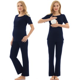 Bearsland Women's Maternity Pregnancy Sleepwear Set Nursing Breastfeeding Pajamas,Deepblue,2XL