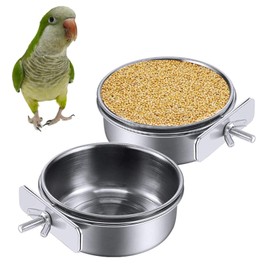kathson 2 Pack Bird Feeding Cups with Clamp Holder, Parrot Food & Water Cage Hanging Bowl Stainless Steel Coop Cup Dish Feeder for Parakeet Cockatiels Conure Budgies Lovebird Finch