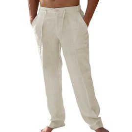 AKEFUN Mens Summer Casual Linen Pants Beach Elastic Drawstring Waistband Loose Fit Slacks with Pockets Khaki