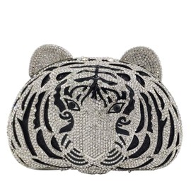 Boutique De FGG Tiger Clutch Purse for Women Animal Crystal Evening Bag Formal Party Rhinestone Handbag Prom Clutch Bag,Mini,Silver