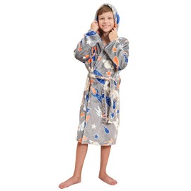 V.&GRIN Boys Fleece Robe, Hooded Plush Soft Fuzzy Bathrobe for Kids 3-14 Years（Space 11-12