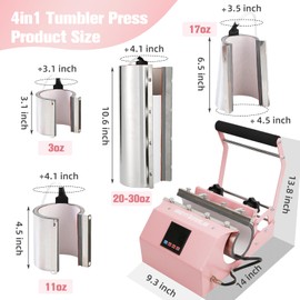 BetterSub 4in1 Set 3oz Shot Glass Tumbler Heat Press Machine 30oz 20oz Sublimation Straight Skinny Tumbler, 11oz 15oz 16oz 17oz Sublimation Mug Heat Transfer Pink