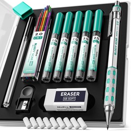 Nicpro Blocky Gear 2.0 mm Mechanical Pencils Set in Case, Metal Pencil with 6 Tubes 2mm Lead Refill (HB 2B 2H 4B 4H & Colors) Sharpeners, Eraser for Professional & Adult Art Writing Drafting Drawing
