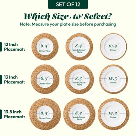 13 in Round Woven Placemats Plate Chargers Set of 12, Boho Farmhouse Rustic Woven Place Mats for Kitchen Dining Party Table Decor, Rattan Wicker Table Mats Jute Braided Chargers for Dinner Plates