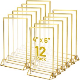 Jeffbaubl 12 Pack Acrylic Sign Holder Gold Borders,4x6 Double Sided Clear Frame Vertical Stand,Menu Display Stand Gold Sign Holders for Wedding Table Number,Restaurant Sign,Menu,Photo