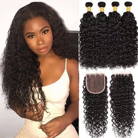 Water Wave Bundles and Closure Wet and Wavy Bundles with 4x4 Free Part Closure Unprocessed Human Hair Water Wave Hair Extensions and Free Part (16 18 20 22+14) Natural Black