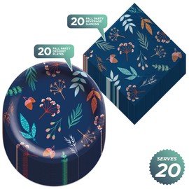 HOME & HOOPLA Modern Fall Party Supplies - Navy Blue & Autumn Leaves Paper Dessert Plates and Beverage Napkins (Serves 20)