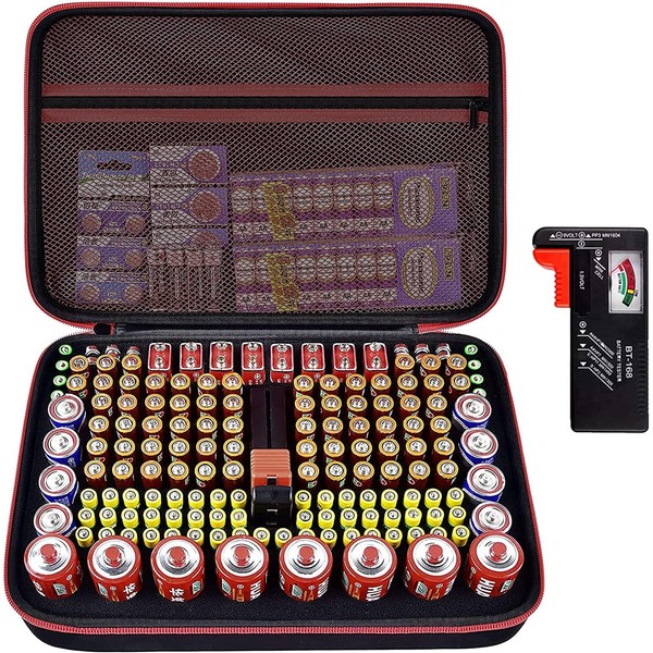Caja de almacenamiento organizadora de baterías con comprobador de probador, 162 baterías, paquete variado, capacidad para botón AA AAA 4A C D 9V 3V litio LR44 CR2 CR123 CR1632 CR2032 18650 (solo caja)