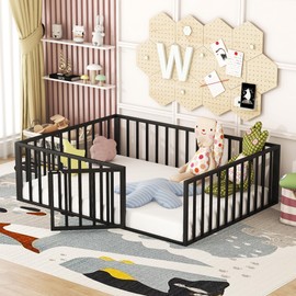 Full Floor Bed Frame for Kids, Metal Montessori Floor Bed with Rails and Door, Full Size Bed Frame with Fence-Shaped Guardrails, Floor Full Bed for Kids, Boys, Girls (Black, full Size)