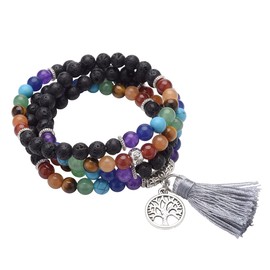 QGEM 108 Beads Gemstone Yoga Bracelet Wrap Amber Chakra Life Tree Buddha Buddhist Tibetan Prayer Beads Healing Reiki Mala Chain Necklace with Life Tree Pendant, Stainless Steel